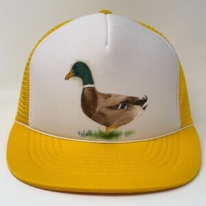 Vintage 80s Mallard Duck Trucker Hat Baseball Cap Hand Painted Yellow Snapback